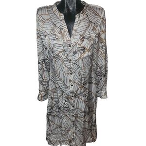 Esqualo White And Tan Leaf Print Button Up Midi Dress Size 10